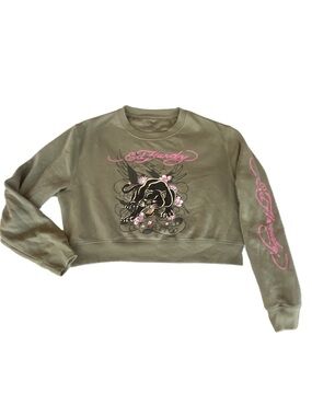 Ed Hardy Olive Cropped Sweatshirt with Pink Black Panther Graphic size L